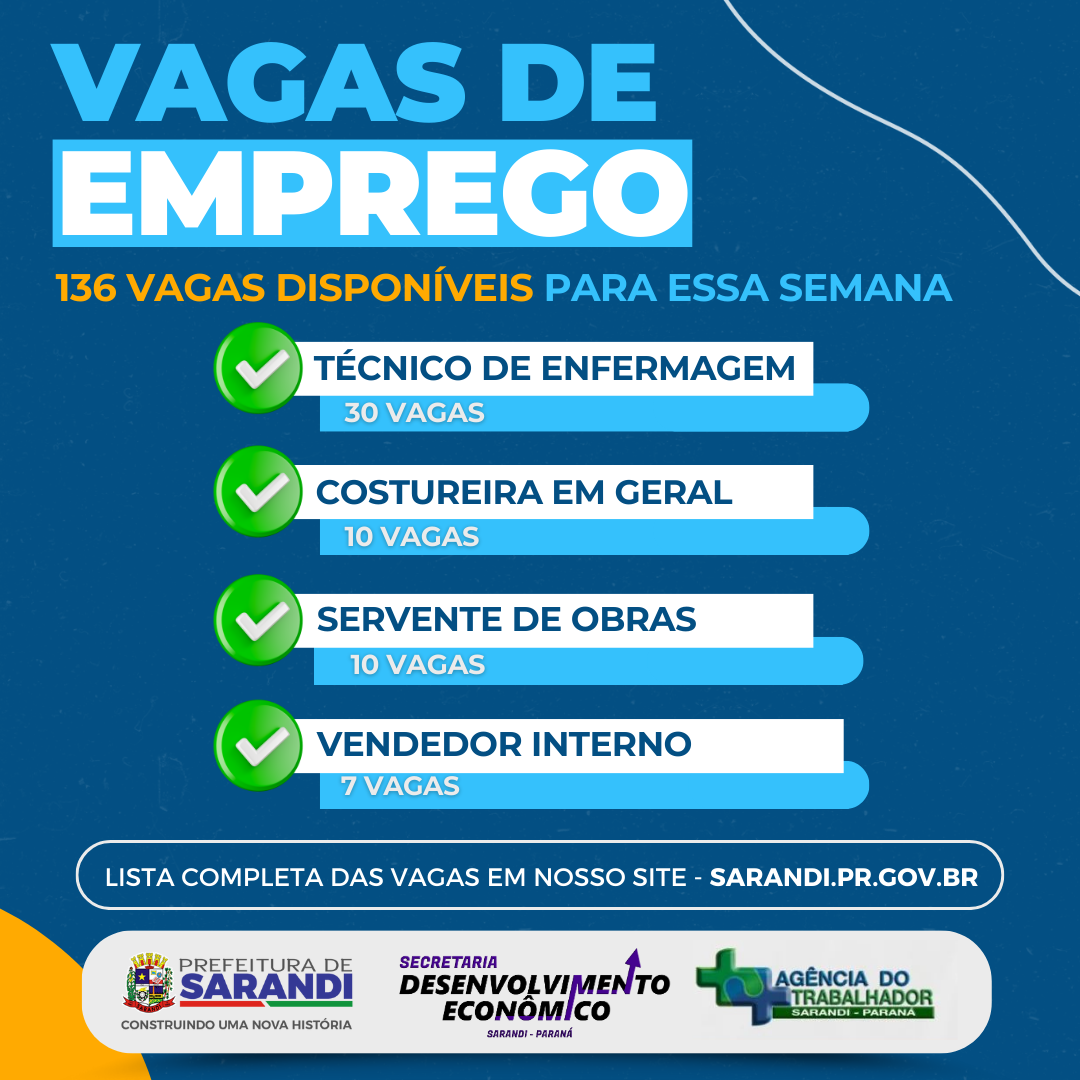 AGÊNCIA DO TRABALHADOR DE SARANDI INICIA SEMANA OFERTANDO 136 VAGAS DE EMPREGO